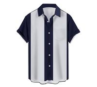 Men's Vintage Bowling Shirt 1950s Retro Rockabilly Style Short Sleeve Button Down Music Hawaiian Shirts, Navy and Grey, L