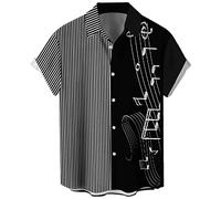 Men's Vintage Bowling Shirt 1950s Retro Rockabilly Style Short Sleeve Button Down Music Hawaiian Shirts, Music Note-black Stripe, Medium