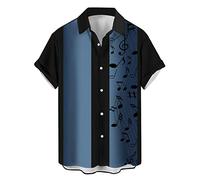 Men's Vintage Bowling Shirt 1950s Retro Rockabilly Style Short Sleeve Button Down Music Hawaiian Shirts, Music Note-balck Blue, S