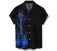 Men's Vintage Bowling Shirt 1950s Retro Rockabilly Style Short Sleeve Button Down Music Hawaiian Shirts, Guitar-sapphire, 3XL