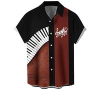 Men's Vintage Bowling Shirt 1950s Retro Rockabilly Style Short Sleeve Button Down Music Hawaiian Shirts, Piano-red Balck, Large