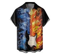 Men's Vintage Bowling Shirt 1950s Retro Rockabilly Style Short Sleeve Button Down Music Hawaiian Shirts, Guitar-fire, Large