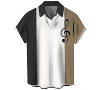 Men's Vintage Bowling Shirt 1950s Retro Rockabilly Style Short Sleeve Button Down Music Hawaiian Shirts, Music Note-3 Colors, XXL