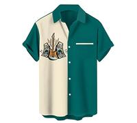 Men's Vintage Bowling Shirt 1950s Retro Rockabilly Style Short Sleeve Button Down Music Hawaiian Shirts, Guitar-cream Green, 3XL