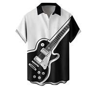 Men's Vintage Bowling Shirt 1950s Retro Rockabilly Style Short Sleeve Button Down Music Hawaiian Shirts, Guitar-white Black, Medium
