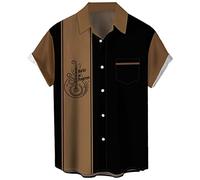 Men's Vintage Bowling Shirt 1950s Retro Rockabilly Style Short Sleeve Button Down Music Hawaiian Shirts, Guitar-brown Black, Large