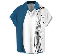 Men's Vintage Bowling Shirt 1950s Retro Rockabilly Style Short Sleeve Button Down Music Hawaiian Shirts, Music Note-White Blue, 3XL