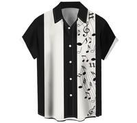 Men's Vintage Bowling Shirt 1950s Retro Rockabilly Style Short Sleeve Button Down Music Hawaiian Shirts, Music Note-white Black, S