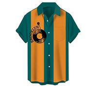 Men's Vintage Bowling Shirt 1950s Retro Rockabilly Style Short Sleeve Button Down Music Hawaiian Shirts, Phonograph-green Orange, XXL