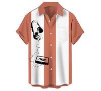 Men's Vintage Bowling Shirt 1950s Retro Rockabilly Style Short Sleeve Button Down Music Hawaiian Shirts, Tape-coral White, S
