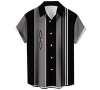 Men's Vintage Bowling Shirt 1950s Retro Short Sleeve Button Down Clothing, Black Grey Geometric, Large