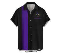 Men's Vintage Bowling Shirt 1950s Retro Short Sleeve Button Down Shirts, Black Purple, Large