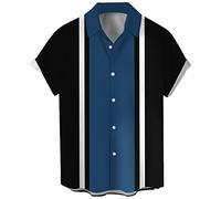 Men's Vintage Bowling Shirt 1950s Retro Short Sleeve Button Down Shirts, Blue Black Stripe, Medium