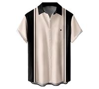 Men's Vintage Bowling Shirt 1950s Retro Short Sleeve Button Down Shirts, Cream Cube, Medium