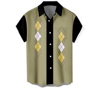 Men's Vintage Bowling Shirt 1950s Retro Short Sleeve Button Down Shirts, Retro Geometric, XL