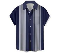 Men's Vintage Bowling Shirt 1950s Retro Short Sleeve Button Down Shirts, Sapphire Stripe, Large