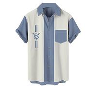 Men's Vintage Bowling Shirt 50s Retro Short Sleeve Button Down Hawaiian Shirts, Blue and White, Large