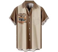 Men's Vintage Bowling Shirt 50s Retro Short Sleeve Button Down Hawaiian Shirts, Khaki Hot Rod, 3XL