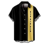 Men's Vintage Bowling Shirt 50s Retro Short Sleeve Button Down Hawaiian Shirts, Yellow Geometric, XL