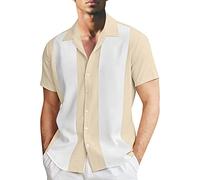 Men's Vintage Bowling Shirt Short Sleeve Button Down Shirt Vintage 1950s Rockabilly Camp Shirt Mens Bowling Shirts Casual Summer Shirt(Beige,XL)