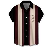 Men's Vintage Bowling Shirts 1950s Casual Short Sleeve Button Up Contrast Shirt Summer Color Block Cuban Shirts, Reddish Brown and Black, Large