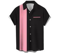 Men's Vintage Bowling Shirts 1950s Casual Short Sleeve Button Up Contrast Shirt Summer Color Block Cuban Shirts, Black Pink, XL