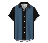 Men's Vintage Bowling Shirts 1950s Casual Short Sleeve Button Up Contrast Shirt Summer Color Block Cuban Shirts for Adult, Black and Blue, 3XL