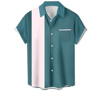 Men's Vintage Bowling Shirts 1950s Casual Short Sleeve Button Up Contrast Shirt Summer Color Block Cuban Shirts, Turquoise and White, XXXXL