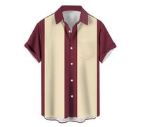 Men's Vintage Bowling Shirts 1950s Casual Short Sleeve Button Up Contrast Shirt Summer Color Block Cuban Shirts, Brick Red and Beige, XL