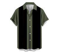 Men's Vintage Bowling Shirts 1950s Casual Short Sleeve Button Up Contrast Shirt Summer Color Block Cuban Shirts, Green and Black, Large