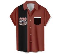 Men's Vintage Bowling Shirts 1950s Casual Short Sleeve Button Up Contrast Shirt Summer Color Block Cuban Shirts, Route 66, 3XL