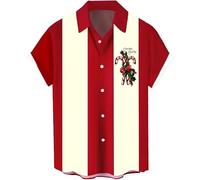 Men's Vintage Bowling Shirts 1950s Casual Short Sleeve Button Up Contrast Shirt Summer Color Block Cuban Shirts, Christmas Candy Canes, XXL