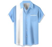 Men's Vintage Bowling Shirts 1950s Casual Short Sleeve Button Up Contrast Shirt Summer Color Block Cuban Shirts, Light Blue and White, XXXXXL