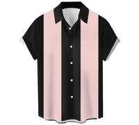 Men's Vintage Bowling Shirts 1950s Casual Short Sleeve Button Up Contrast Shirt Summer Color Block Cuban Shirts, Black and Pink, XL