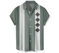 Men's Vintage Bowling Shirts 1950s Casual Short Sleeve Button Up Contrast Shirt Summer Color Block Cuban Shirts, Sage Geometric, XXL