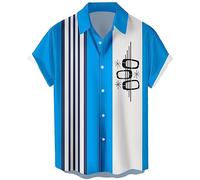 Men's Vintage Bowling Shirts 1950s Casual Short Sleeve Button Up Contrast Shirt Summer Color Block Cuban Shirts, Blue Square, XL