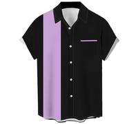 Men's Vintage Bowling Shirts 1950s Casual Short Sleeve Button Up Contrast Shirt Summer Color Block Cuban Shirts, Lavender and Black, Large