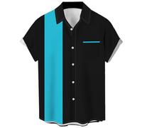 Men's Vintage Bowling Shirts 1950s Casual Short Sleeve Button Up Contrast Shirt Summer Color Block Cuban Shirts for Adult, Blue Atoll and Black, Large