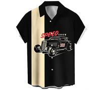 Men's Vintage Bowling Shirts 1950s Casual Short Sleeve Button Up Contrast Shirt Summer Color Block Cuban Shirts, 333 Car, 3XL