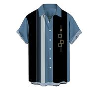 Men's Vintage Bowling Shirts 1950s Retro Print Short Sleeve Button Down Shirt Summer Casual Cuba Beach Hawaiian Shirt, Zc# Blue, XXL
