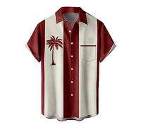 Men's Vintage Bowling Shirts 1950s Retro Print Short Sleeve Button Down Shirt Summer Casual Cuba Beach Hawaiian Shirt, M# Wine, XXL