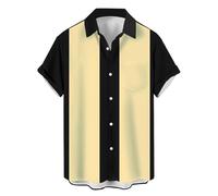 Men's Vintage Bowling Shirts Short Sleeve Button Up Color Block Cuba Shirt, Black and Yellow, Medium