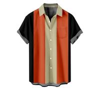 Men's Vintage Button Down Shirts | Regular Fit Striped Print Short Sleeve | Tropical Beach Casual Style, Retro Bowling Inspired Cotton Shirt Orange