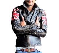 Mens Vintage Cafe Racer UK Flag Quilted Biker Leather Jacket | Motorcycle Jacket for Men 2XL