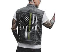 Men's Vintage Denim Waistcoat Cowboy Sleeveless Jacket American Flag Printed Skull Embroidered Patch Denim Jacket Vest Outwear