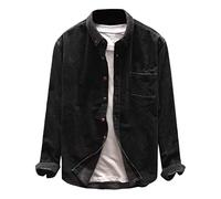 Mens Vintage Distressed Corduroy Shirts Fall Winter Long Sleeve Button Down Casual Shirts Washed Shirt Jacket with Pocket(Black,XX-Large)