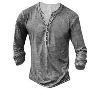 Mens Vintage Distressed Henley Shirts Retro Long Sleeve Tee Shirts Casual Button Down Washed T-Shirts for Men, Light Grey, XL