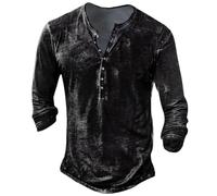 Mens Vintage Distressed Henley Shirts Retro Long Sleeve Tee Shirts Casual Button Down Washed T-Shirts for Men, Black, XXL