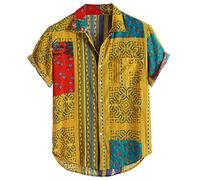 Men's Vintage Ethnic Printed Turn Down Collar Short Sleeve Loose Casual Shirts (3XL, 1Yellow)