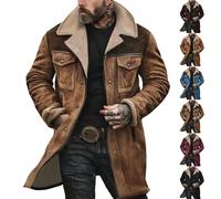 Men's Vintage Faux Suede Jacket Plush Collar Western Cowboy Coats Distressed Thicken Multi Pocket Long Motorcycle Trench Coats Fashion Streetwear Outerwear